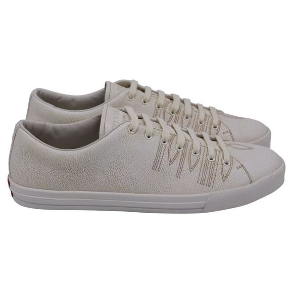 Prada Aged-Effect ow-Top Sneakers in White Calf Leather - Picture 1 of 8